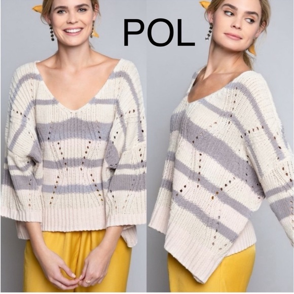 POL Sweaters - 23. POL Pretty Chenille Cream and Gray V-neck Oversized Sweater